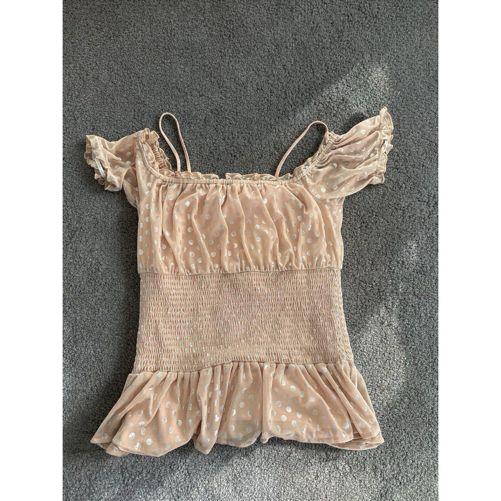 VENUS Pink Off-Shoulder  Smocked Peplum Top with Metallic Gold Dots M